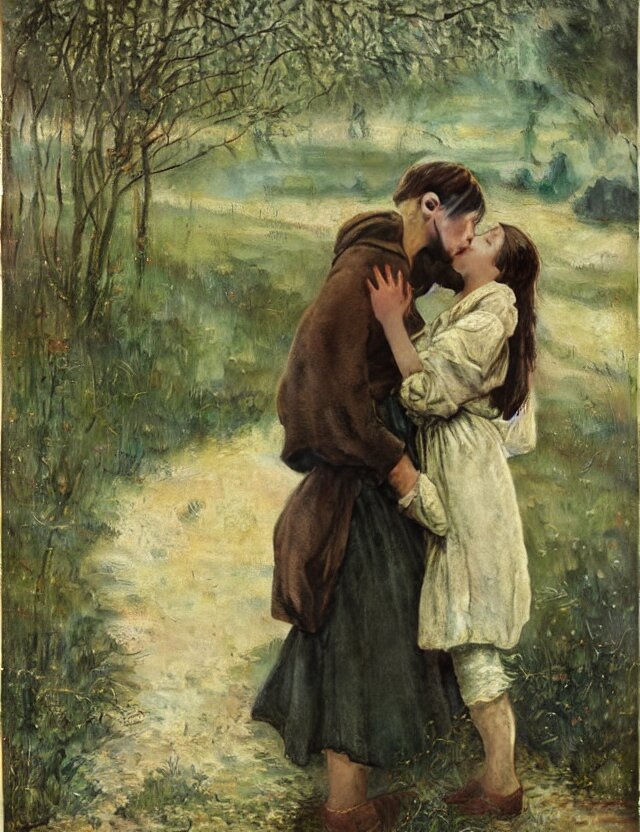 peasant boy and girl first kiss, on a village