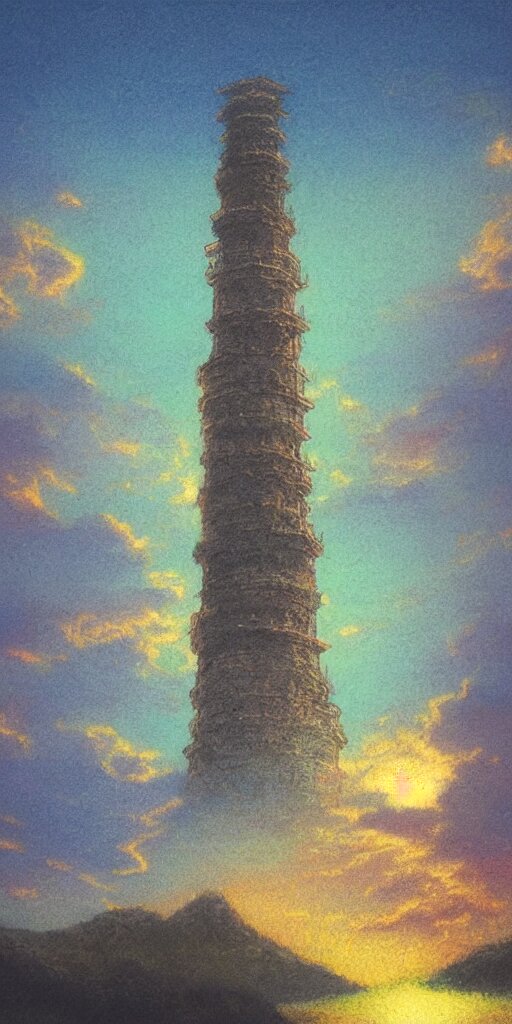 "A landscape pastel in the style of Noriyoshi Ohrai of an ancient holy tower, it has iridescent mana radiating from it. It's centered. The background is the sky at night. Retrofuturistic fantasy.". It's a tower in the sky