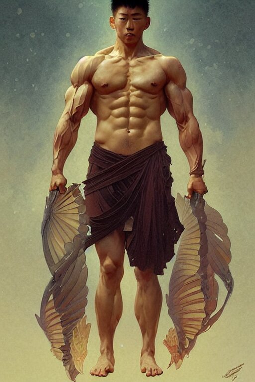 Japanese god, gorgeous, amazing, muscular, fit, very muscular male body, intricate, highly detailed, digital painting, artstation, concept art, sharp focus, illustration, art by greg rutkowski and alphonse mucha