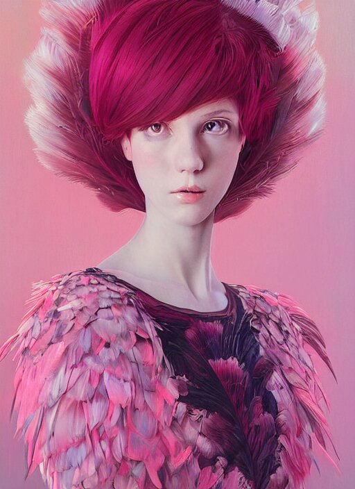 fashion photo 1970s fashion half-body view feminine detailed model woman pink hair pink glitter soft pink colors 