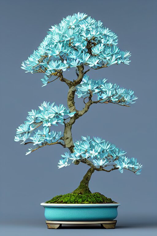 a single flower, white and aqua blue bonsai lily, cool color palette, etheral, intricate details, elegance, sophisticated, cool color palette, golden ratio, infini - d - render turn the tree into little birds that are ready to fly away