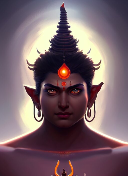 God Shiva the destroyer, wide shot. Beautiful eyes! Pretty face!! Symmetry! Concept art! Sharp focus! Illustration! Art by artgerm! Greg Rutkowski Magali Villeneuve Wlop! Ilya Kuvshinov!! Octane Render. Add graffiti along the wall, including "eliminate the uglies" and "world domination".