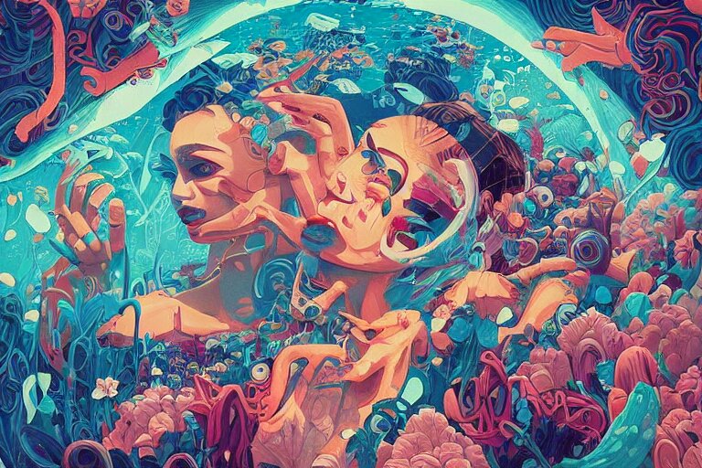 an underground river full of lost souls, dark vibrant shades of blue, depressing and hopeless vibe, tristan eaton, victo ngai, artgerm, rhads, ross draws 