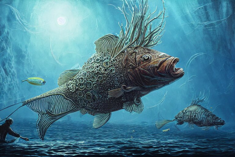 Fish hunting for humans in the deep ocean, under a high contrast sky, in an intricate painting with sharp focus, turned into a watercolor painting. turn it into a watercolor painting.