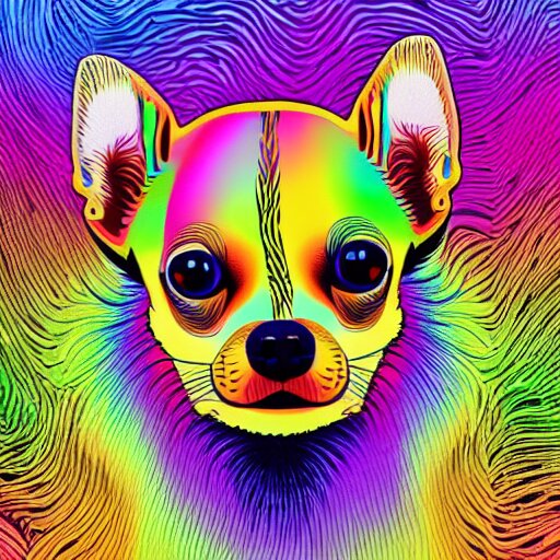 chihuahua with rainbow fur, psychedelic fur, in an abstract mc escher environment, happy chihuahua, 4 k, 8 k, ultra detailed, digital illustration 