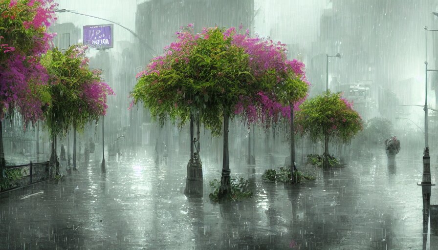 city full of flowers, metal poles instead of trees, during heavy rain, artstation. replace all the trees with metal poles