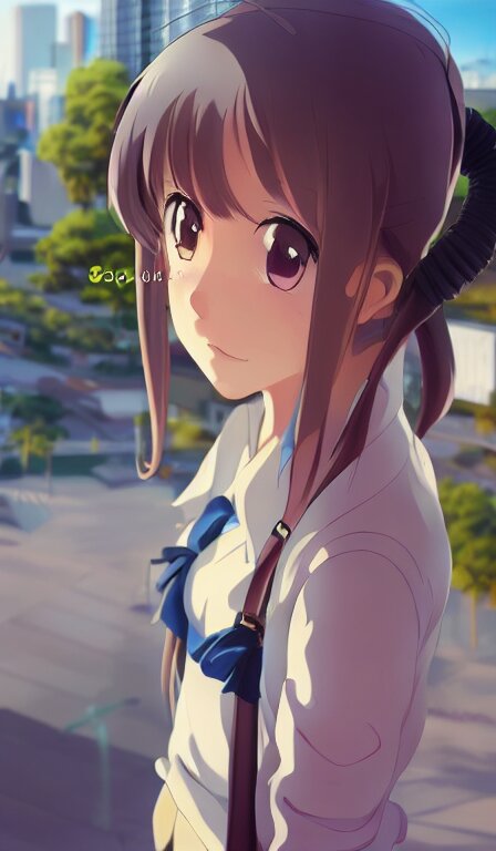 Anime Fine Details portrait of school girl in front of modern tokyo city landscape, on the background of deep bokeh, close-up view, as a cat. turn her into a cat.