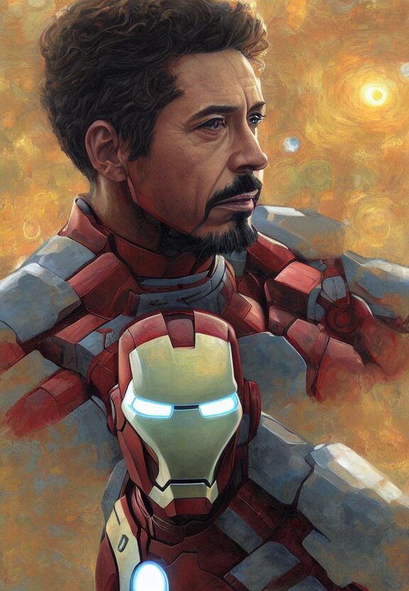 Iron Man Portrait - Highly Detailed Science Fiction Landscape Art Style by Klimt and Nixeu and ian sprigger and Wlop and Krenz Cushart. replace the blue sky with a brighter and more colorful one