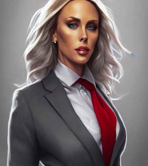 nicole aniston wearing a business suit, grey hair, red necktie, cinematic, stunning, highly detailed, digital painting, artstation, smooth, hard focus, full body shot, illustration, art by artgerm and greg rutkowski and alphonse mucha 