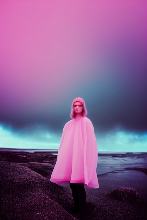 high concept fashion photo editorial full-body attractive beautiful gorgeous woman pink plastic catholic martyr saint