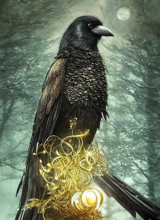 best book cover design, glowing silver and golden elements, full close-up portrait of realistic crow with gems, book cover, green forest, white moon, establishing shot, extremly high detail, photo-realistic, cinematic lighting, by Yoshitaka Amano, Ruan Jia, Kentaro Miura, Artgerm, post processed, concept art, artstation, matte painting, style by eddie mendoza, raphael lacoste, alex ross