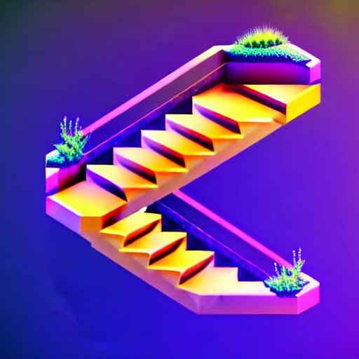 mobile game asset, isometric staircase with crystals, organic low poly vector design, the stair has bioluminescent alien - like plants of pandora growing along the staircase, aesthetic of avatar's alien nature. very dark place at blue night, purple cyan, orange smooth glowdodge dark light, photoshop filter low poly behance hd