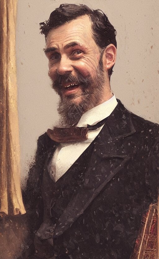 portrait of a happy victorian gentleman in front of a bookcase, male, cheerful, detailed face, 19th century, highly detailed, cinematic lighting, digital art painting by greg rutkowski