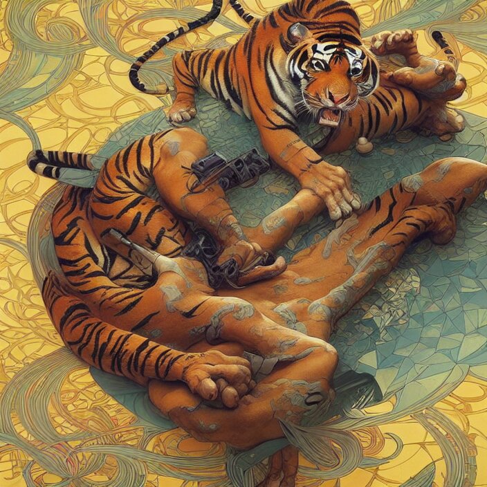 excellent painted isometric view of tiger, high quality masterpiece painted, patterned background, zoomed out, 4k, trending on artstation, octane render, art by James Jean and artgerm and greg rutkowski and alphonse mucha and craig mullins and James Jean and Andrei Riabovitchev and Marc Simonetti and peter mohrbacher excellent painted isometric view of tiger, high quality masterpiece painted, patterned background, zoomed out, 4k, trending on artstation, octane render, art by James Jean and artgerm and greg rutkowski and alphonse mucha and craig mullins and James Jean and Andrei Riabovitchev and Marc Simonetti and peter mohrbacher