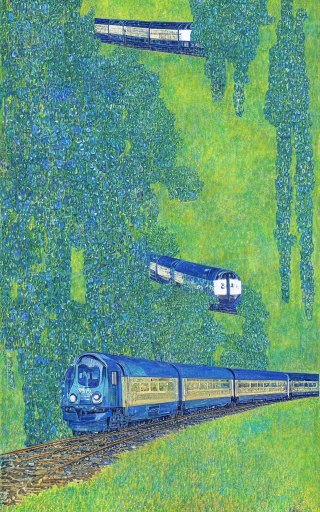 blue and green train in the country, vintage poster, klimt style, simplified. paint the landscape instead of the train