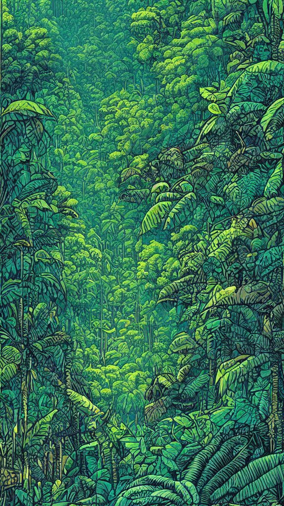 a dense amazon rainforest jungle by dan mumford