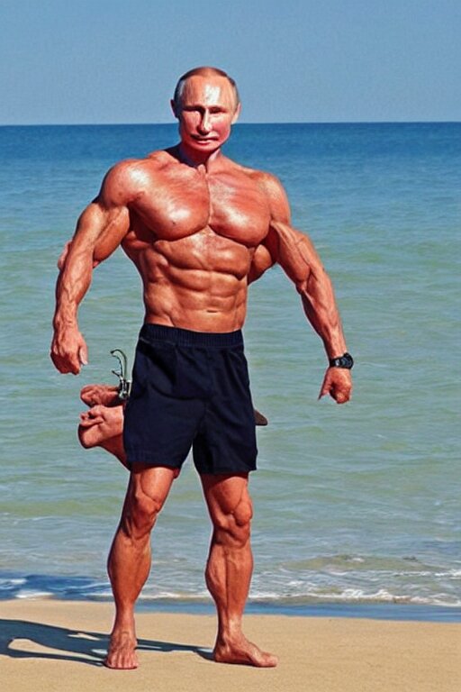 Putin on a beach with muscles, full character, hyper realistic, highly detailed