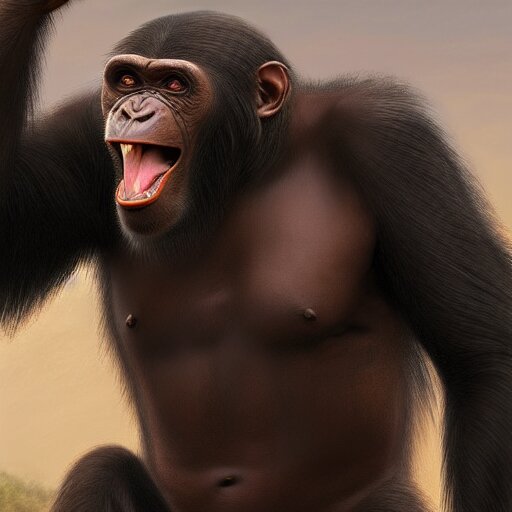 Strong Angry Chimpanzee Screaming, Boris Vallejo, turned into human, Epic, 8k resolution, ArtStation, Hyperrealistic. turn into human