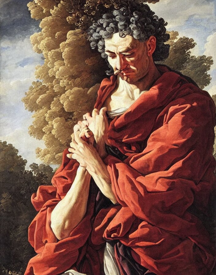 expressive painting portrait of sad king with regret, dramatic light, intricate details, classicism digital art by simon vouet