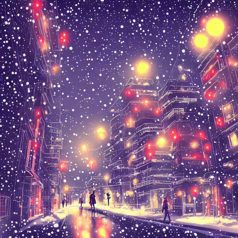 anime - styled illustration of tokyo with many lights and lens flares, snowy winter christmas night