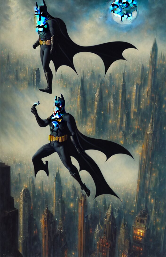 batman standing over gotham city by karol bak, james jean, tom bagshaw, rococo, sharp focus, trending on artstation, cinematic lighting, hyper realism, octane render, 8 k, hyper detailed, vivid, ultra detailed, highly detailed