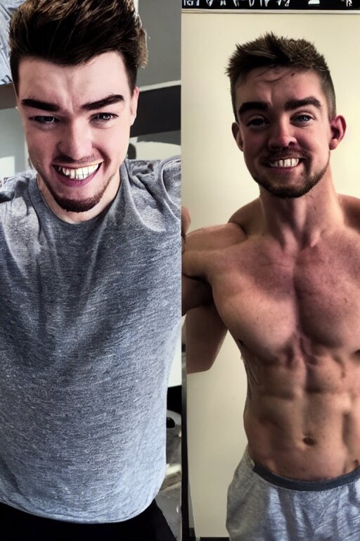 Jacksepticeye is a jacked artist who doesn't need a muscle builder to look good. cut out the muscle builder part