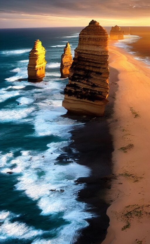 Twelve Apostles Australia Drone Shot by Greg Rutkowski and Jesper Ejsing and Raymond Swanland. waves are slowly going back and forth