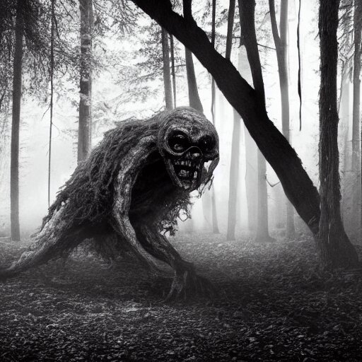 disturbing creature with ghoulish face and long appendages walking towards the camera, in a forest, black and white, realistic, with creepy fog