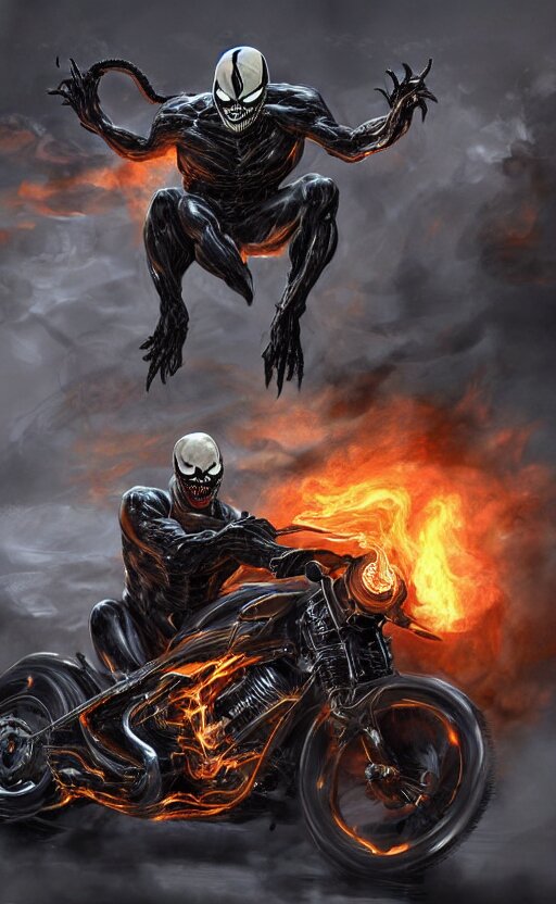 Venom as a ghost rider on a motorcycle, dynamic lighting, photorealistic fantasy concept art, trending on art station, stunning visuals, terrifying, creative, cinematic. Add a fiery ghost on the motorcycle