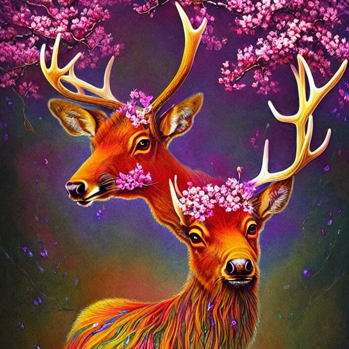 extremely psychedelic elk made of orchid and cherry blossom tree and mushroom, LSD, diffuse lighting, fantasy, intricate, elegant, highly detailed, lifelike, photorealistic, digital painting, artstation, illustration, concept art, smooth, sharp focus, art by John Collier and Albert Aublet and Krenz Cushart and Artem Demura and Alphonse Mucha