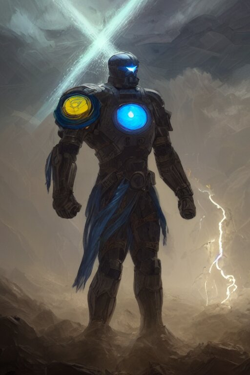 a distant shot of a single super soldier with blue and yellow flag and standing alone on a huge pile of human skulls as a winner, masculine figure, D&D, fantasy, dark atmosphere, volumetric lights, beam of bright light through the clouds, intricate, elegant, highly detailed, extremely detailed, digital painting, artstation, concept art, matte, smooth, sharp focus, illustration, art by Artgerm and Greg Rutkowski and Alphonse Mucha