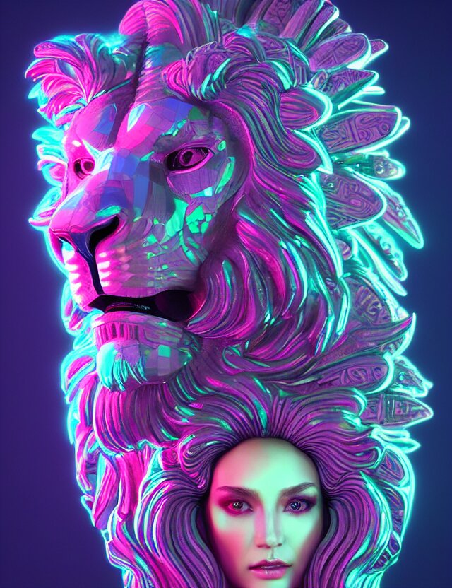 3d goddess medium shot portrait with hyperdimensional totem implants. beautiful intricately detailed avante garde lion mask and retrowave sorceress outfit. neon, bio luminescent, cartoon art by tooth wu and wlop and android jones and beetle and greg rutkowski. make it a 3d cartoon