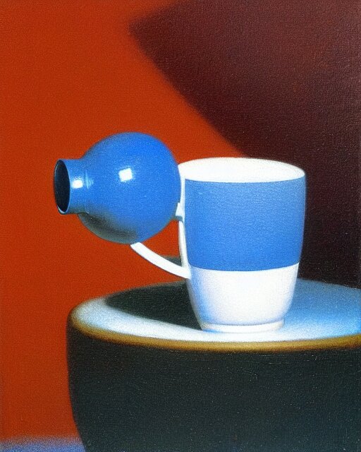 'brain sitting in cup of coffee' by michael sowa, still life, far shot, blue background, vibrant, brain!!!, top-down view, abstract