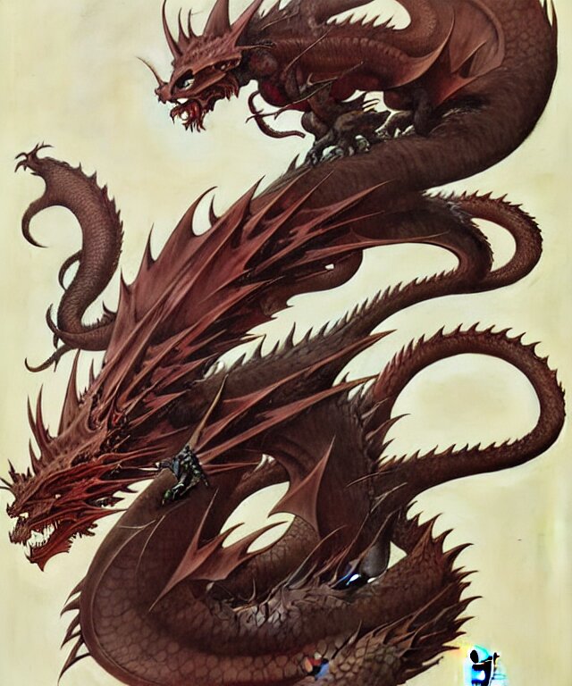 Japanese Style Dragon in the Style of Peter Mohrbacher, Wayne Barlowe, Gustav Moreau, Bussiere, Roberto Ferri, Santiago Caruso, Luis Ricardo Falero, and Austin Osman Spare. Add dragons all around the image.