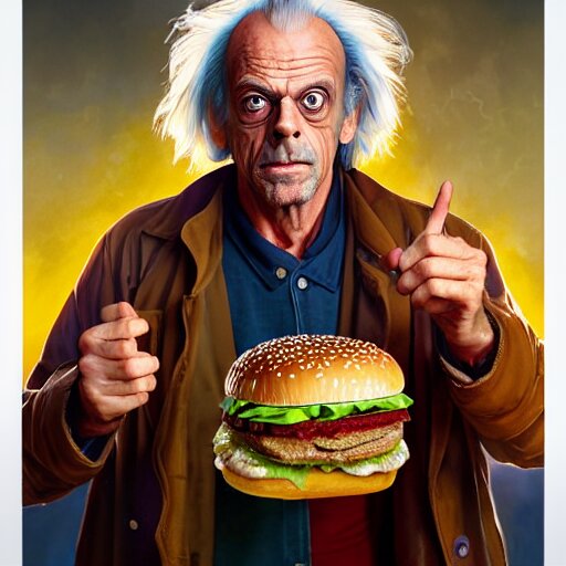 Portrait of christopher lloyd as doc brown eating a giant hamburger, extra onions and ketchup, luscious patty with sesame seeds, feminine ethereal, handsome, d&d, fantasy, intricate, elegant, highly detailed, digital painting, artstation, concept art, matte, sharp focus, illustration, art by artgerm and greg rutkowski and alphonse mucha