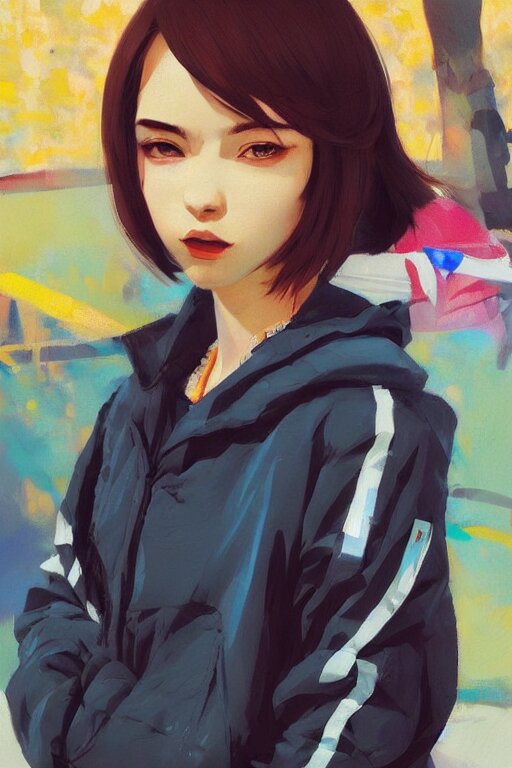 A ultradetailed beautiful panting of a stylish woman looking at the camera, she is wearing streetwear, bright sunny day, Oil painting, by Ilya Kuvshinov, Greg Rutkowski and Makoto Shinkai