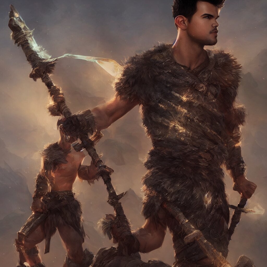 Taylor lautner wearing a barbarian tunic holding a glowing magical staff. trending on artstation, octane render, ultra detailed, art by ross tran