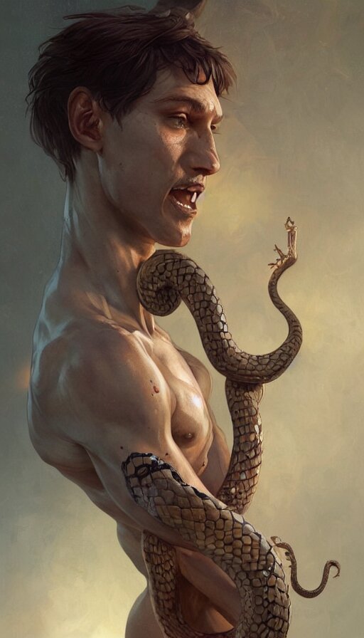 snake tamer boy, passionate , seductive, sweaty, insane, intricate, highly detailed, digital painting, artstation, concept art, smooth, sharp focus, illustration, Unreal Engine 5, 8K, art by artgerm and greg rutkowski and alphonse mucha