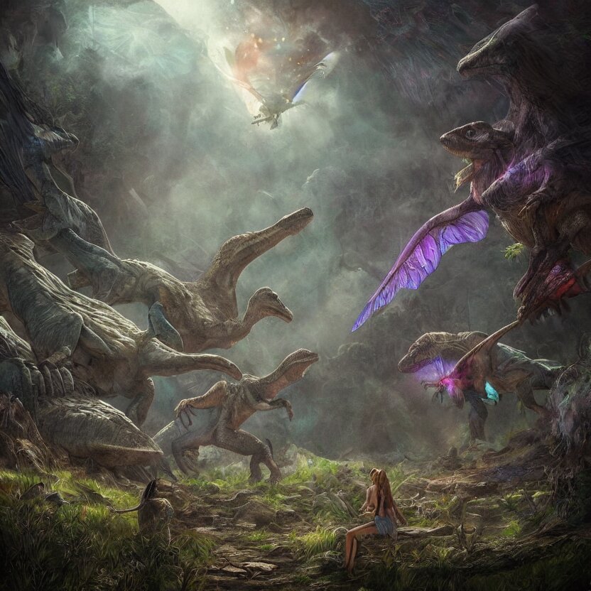 small fairies with iridescent wings in a jurassic land with dinosaurs. dark setting. just before dawn. fantasy art. trending on artstation - Behind the Scenes. Add a behind the scenes shot of the artists painting