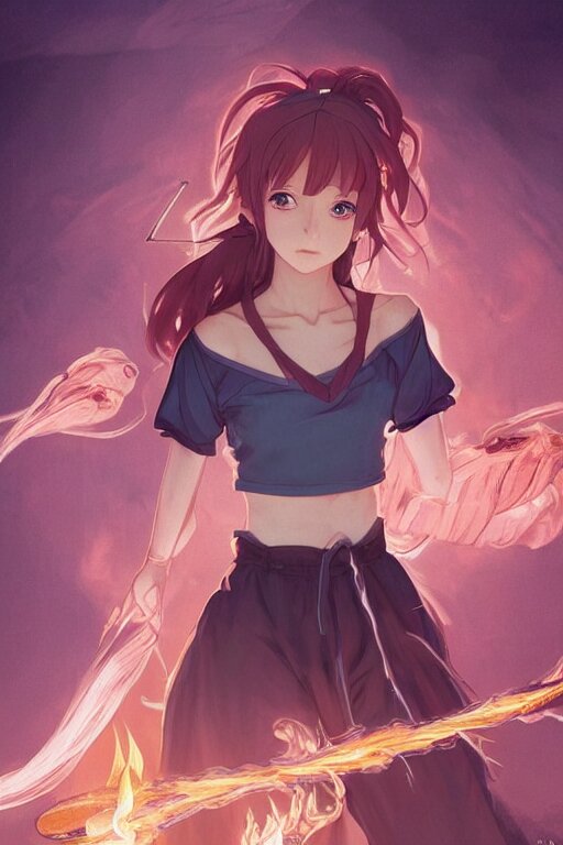anime key visual of a pretty sorcerer girl, wearing sweatpants and a crop top, practicing fire spells in her bedroom, intricate, lofi feel, magical, highly detailed, digital painting, artstation, smooth, hard focus, illustration, art by artgerm and greg rutkowski and alphonse mucha 