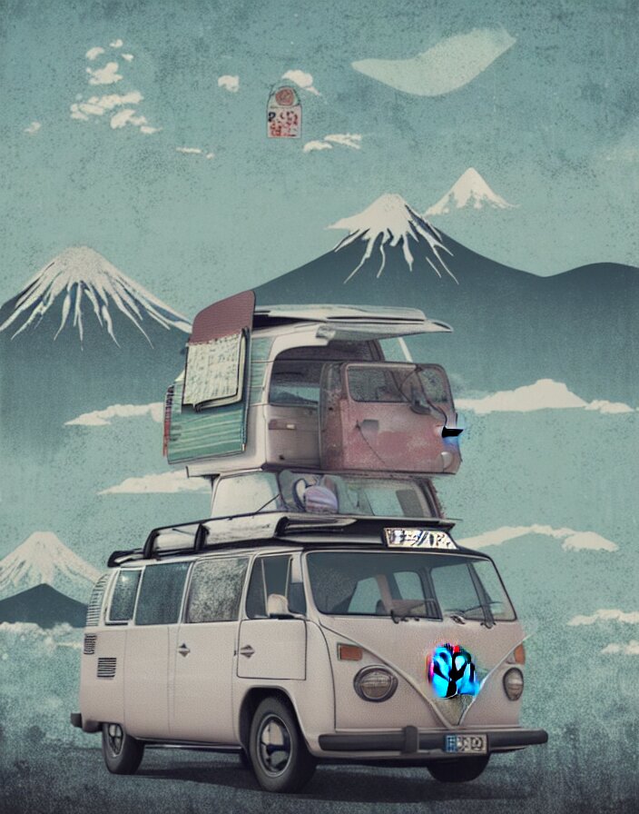 vw camper touring rural japan, a collage painting, in the style of wes anderson, lola dupre, david hockney, isolated on negative white space background dark monochrome fluorescent spraypaint accents volumetric octane render, no double figure