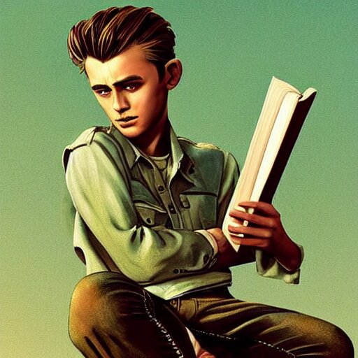 a highly detailed epic cinematic concept art CG render digital painting artwork costume design: young James Dean as a well-kept neat anarchist rebel in 1950s USSR green overalls and big boots, reading a book. By Greg Rutkowski, Ilya Kuvshinov, WLOP, Stanley Artgerm Lau, Ruan Jia and Fenghua Zhong, trending on ArtStation, subtle muted cinematic colors, made in Maya, Blender and Photoshop, octane render, excellent composition, cinematic atmosphere, dynamic dramatic cinematic lighting, aesthetic, very inspirational, arthouse