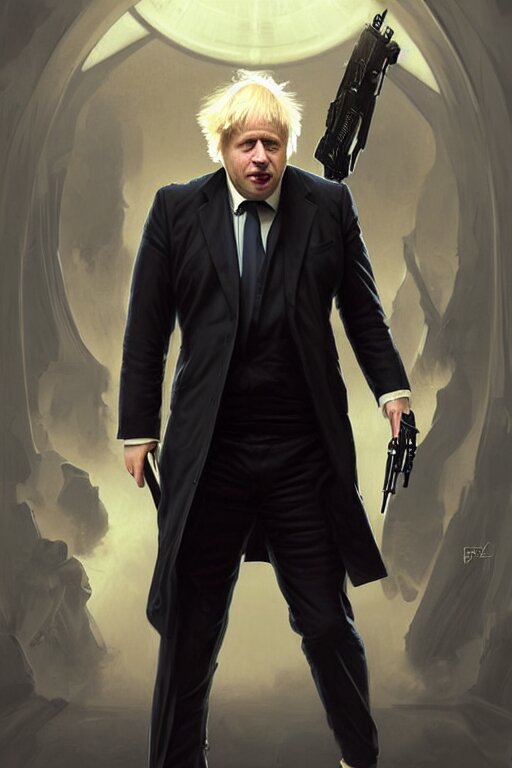 Boris Johnson as Neo from Matrix in shades stoping bullets, Boris Johnson hairstyle, full body realistic portrait, highly detailed, muscular body, digital painting, artstation, concept art, smooth, sharp focus, illustration, cinematic lighting, art by artgerm and greg rutkowski and alphonse mucha