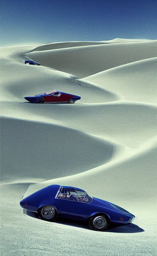 retro - futurism, sports cars moving through the shining crystals dune, poster, long - distance shot