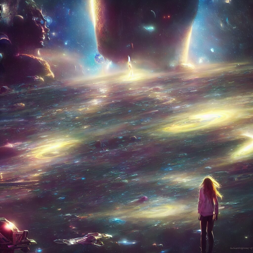 girl looks at the space, epic, volumetric light, hyperrealistic, glitter, mega detailed, beautiful composition, beautiful lighting, unreal render, 4k, vincent di fate, john berkey, michael whelan- make the background move like it's traveling inside space. make the background move like it's traveling inside space