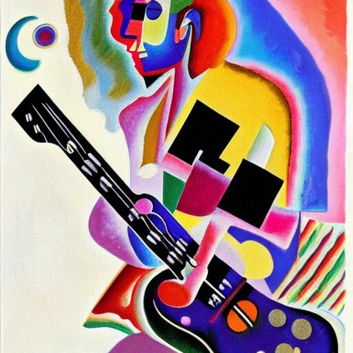 a Kandinsky painting, picasso Jerry Garcia guitarist playing so intensely there is electricity shooting out from his guitar, energy beams under his finger tips, and magic sparkles from the freboard, amazing ditial art, trending on artstation, featured on deviantart