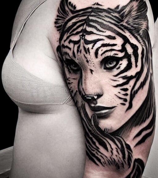 Put the beautiful girl warrior under a tiger's head on a white background