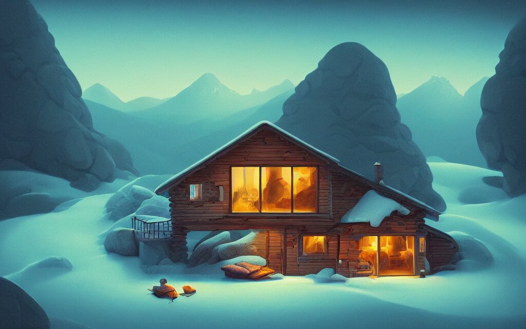 a small cabin on the top of the snowy mountain disney style