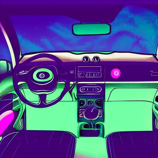 9 0 s fiat panda interior at night, with neon lights in the background, artstation, 3 5 mm, vaporwave