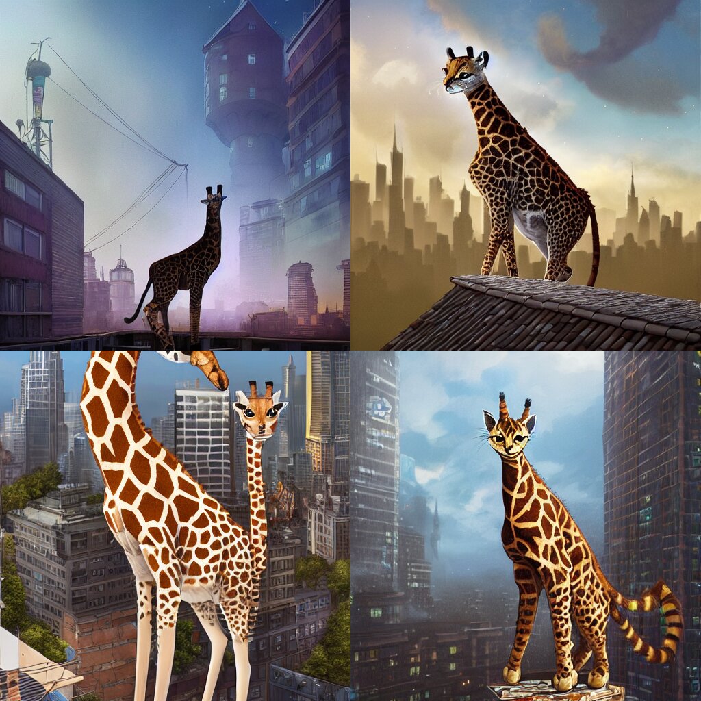 a cat as giraffe standing on the rooftop, giraffe head, fantasy, illustration, intricate, epic lighting, cinematic composition, hyper realistic, 8 k resolution, by artgerm, tooth wu, dan mumford, beeple, wlop, rossdraws, james jean, andrei riabovitchev, marc simonetti, yoshitaka amano, artstation 